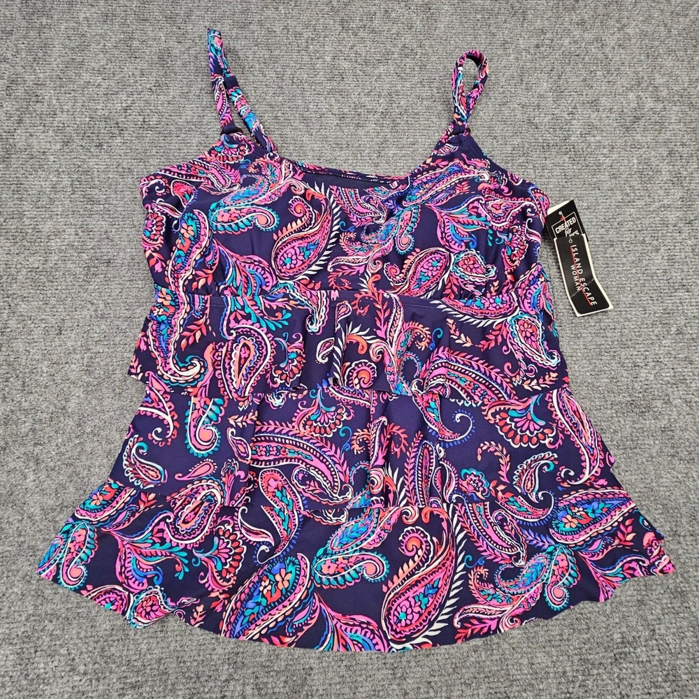 Island Escape Womens Tankini Top Underwire Waist Minimizer Paisley Navy 18W NEW
